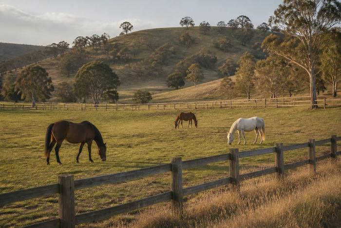 Horses grazing behind a post-and-rail fence on rolling agistment paddocks