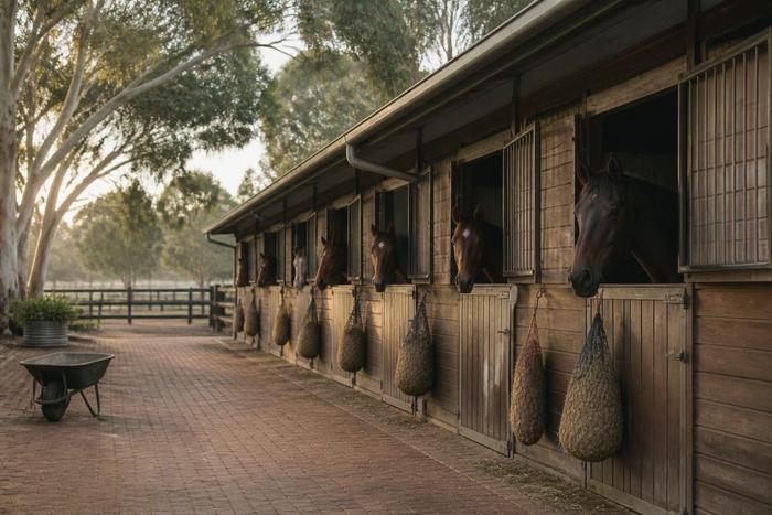 A timber stable row with horses looking out over their doors, hay nets hanging